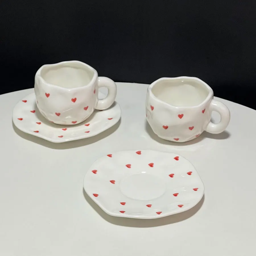 Cute Hand Pinch Irregular Painted Small Red Love Coffee Cup Plate Underglaze Ceramic Afternoon Tea Cup Plate Set