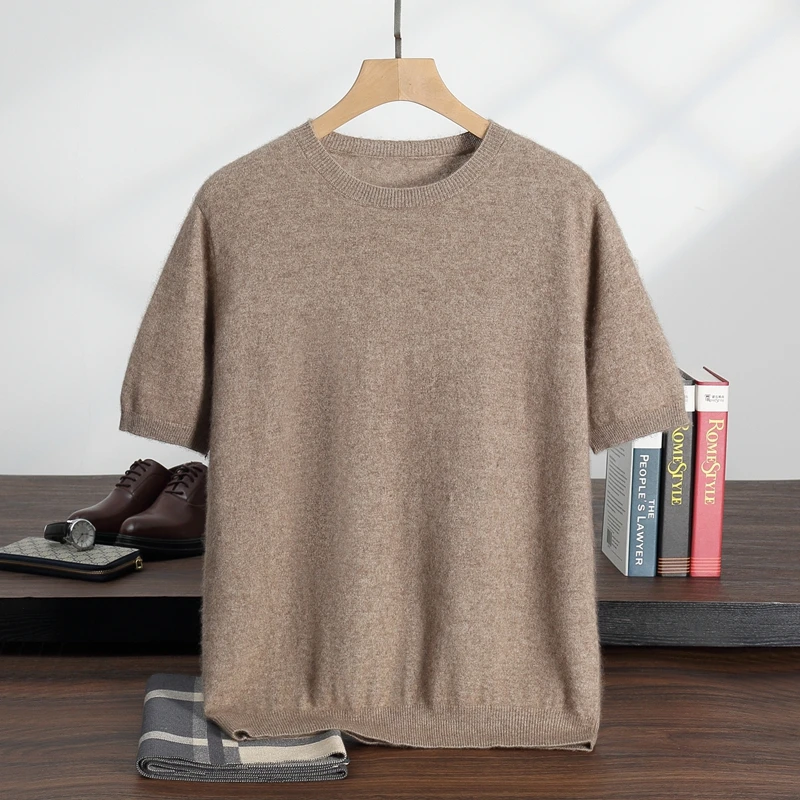 

Бесшовный мужской вязаный свитер из 100% кашемира с короткими рукавами и круглым вырезом, повседневный свободный пуловер, футболка, летняя мужская одежда