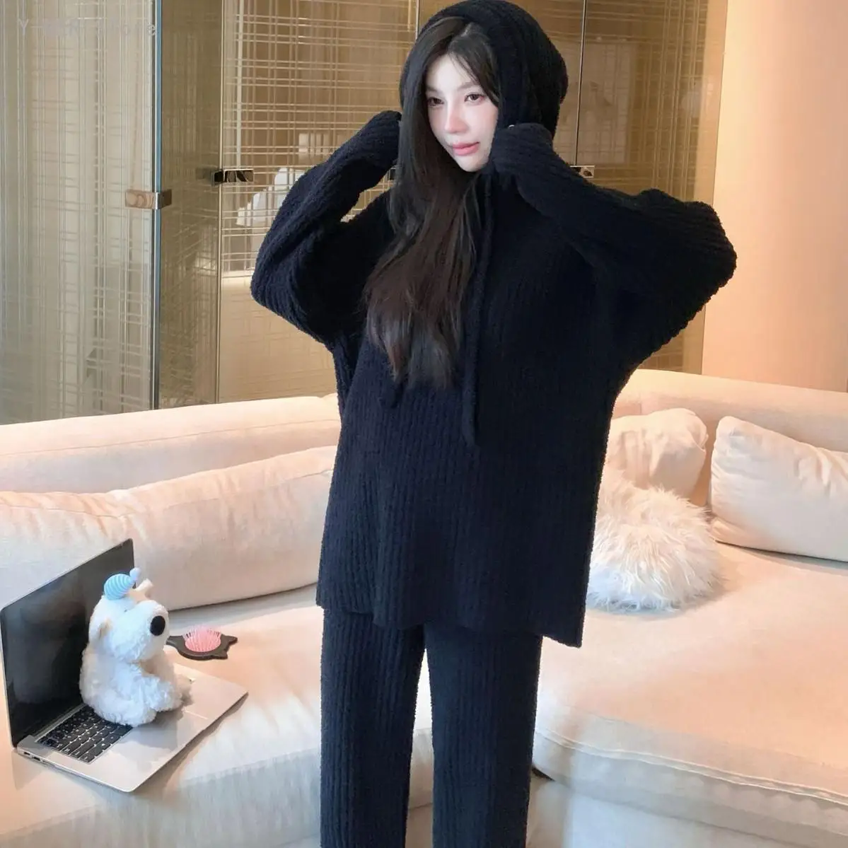 Women Winter New Half Sided Fleece Hooded Pajama Set Lazy Style Thick Warm Soft Casual Cozy Loungewear Sleepwear Suit