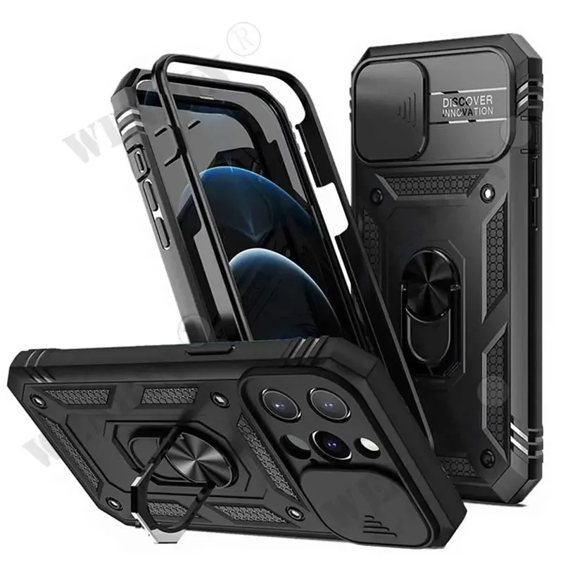 Case For iPhone 15 14 13 12 Pro Max Plus XR X 8 Plus SE 360 Full Body Rugged Protective Slide Camera Stand Protection Ring Cover