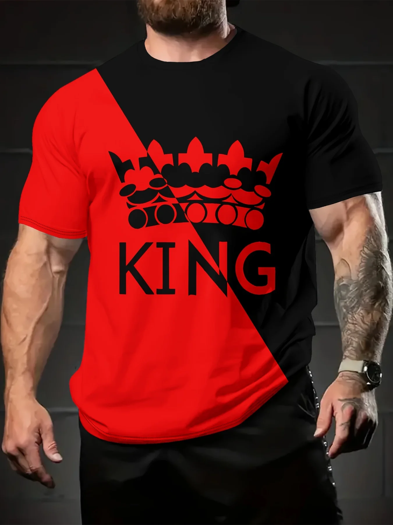 

KING Alphabet Print Block Color Crew Neck Short Sleeve T-shirt for Men Polyester T-Shirt for Daily Wear and Vacation Resorts