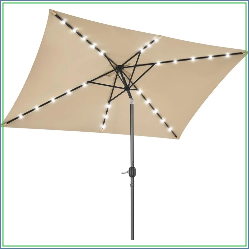 6.5x10FT Rectangular Patio Umbrella Solar Powered LED Lights Push Button Tilt Easy Crank for Garden Lawn Beach Pool Deck