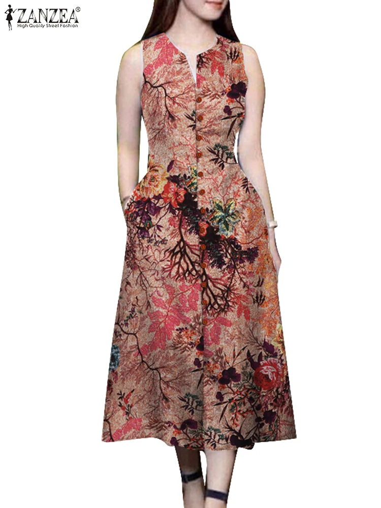 ZANZEA Summer Bohemian Holiday Dress Women Sleeveless Floral Sundress Stylish V Neck Party Vestidos Sarafans Kaftan Robe Femme