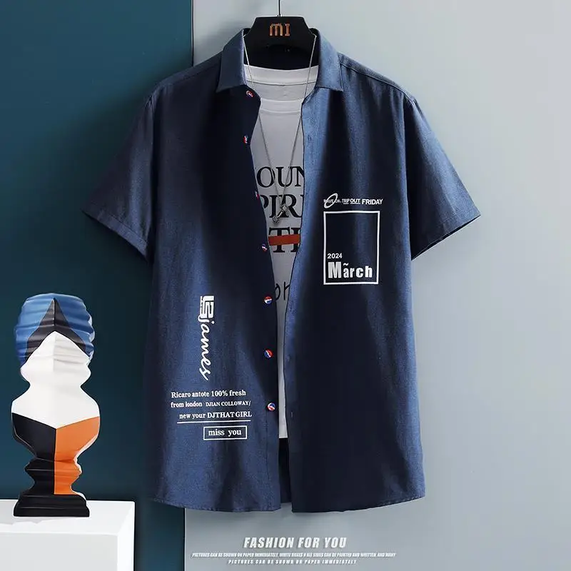 Summer New Oversized Turn Down Collar Printed Shirt Men Korean Fashion Loose Casual Blouse Male Short Sleeve Cardigan Top Hombre