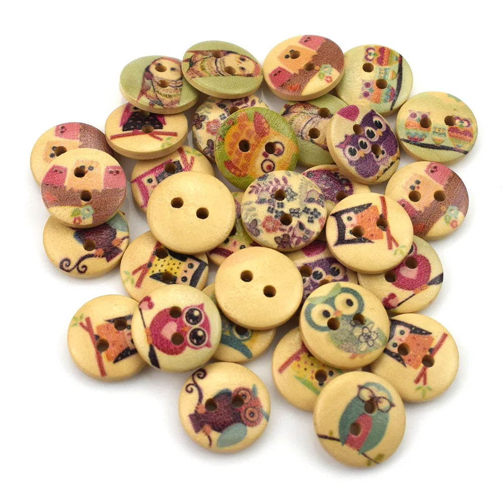 

50PCS Round Wood Button Owl Pattern Round Wooden Buttons Sewing Scrapbook Clothing Gifts Crafts Handwork Accessories 15mm