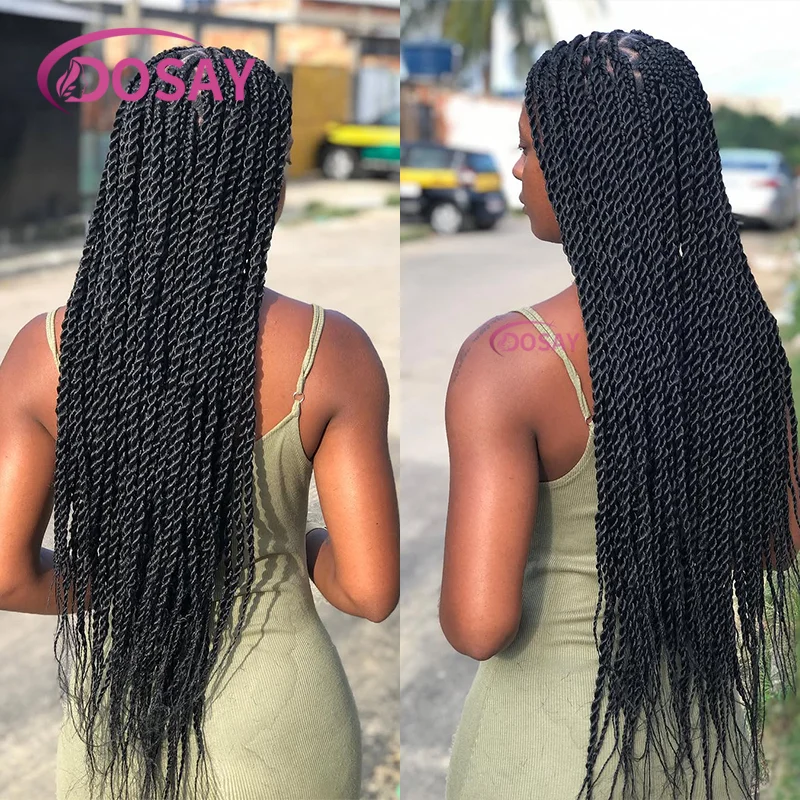 باروكة سنغالية سوداء اللون، باروكة صناعية بدانتيل أمامي للنساء، ضفائر صندوقية بدون عقد مع شعر أطفال