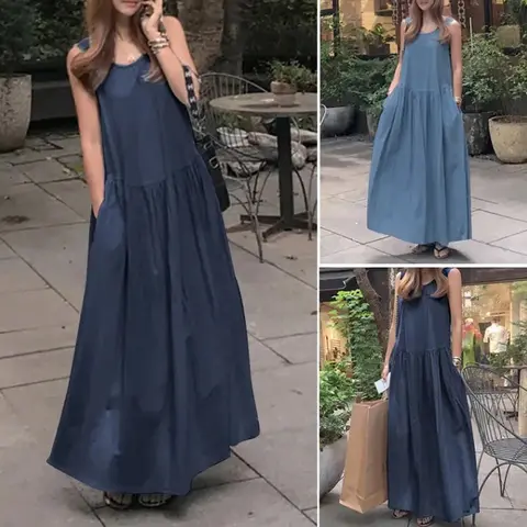 Women Cotton Linen Loose Long Maxi Dress Summer Women Solid Color Pocket Sundress Casual Lady Beachwear Vestidos JYFS-9534