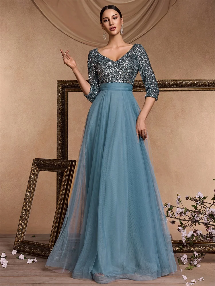 Lucyinlove Luxury Floor Length V-Neck Tulle Splicing Evening Dress Women Elegant Party Maxi Sequins Short Sleeves Cocktail Gown