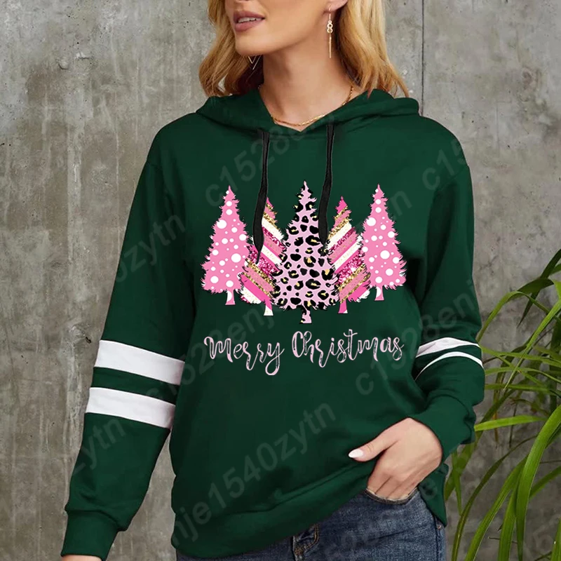 Hoodie motif Selamat Natal wanita, kaus pullover lengan panjang lucu ukuran Plus, Hoodie motif Selamat Natal pohon Natal merah muda kreatif, mode wanita