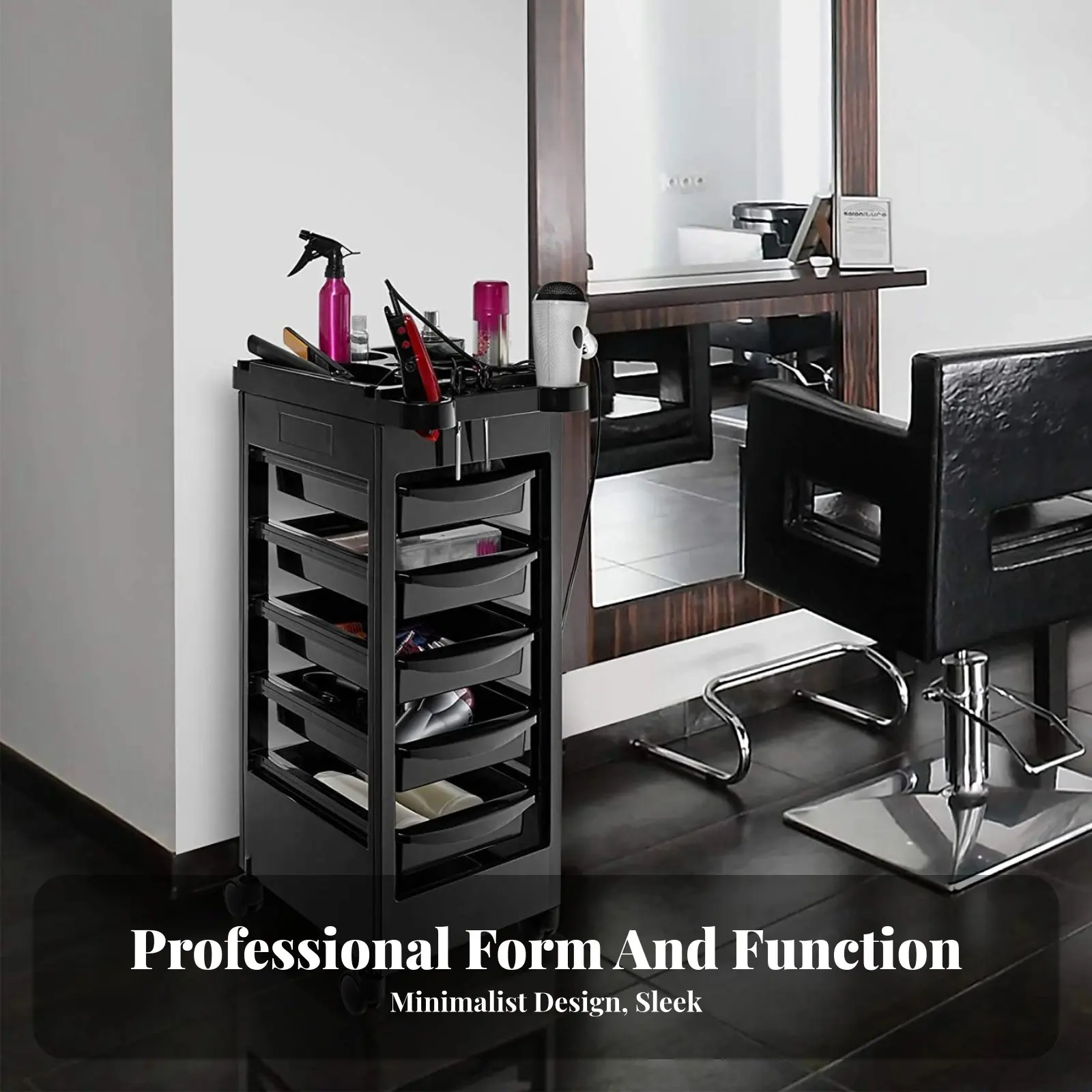 Cosmetic Studio Storage Cart 360-Degree Rotating Casters Hair Stylist Rolling Cart 5-Drawer Salon Trolley Easy to Clean