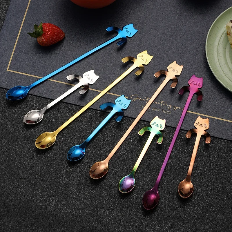 New Portable Cartoon Cat Handle Stainless Steel Coffee Tea Hanging Spoon Kitchen Supplies for Coffee Tea Ice Cream Sundae