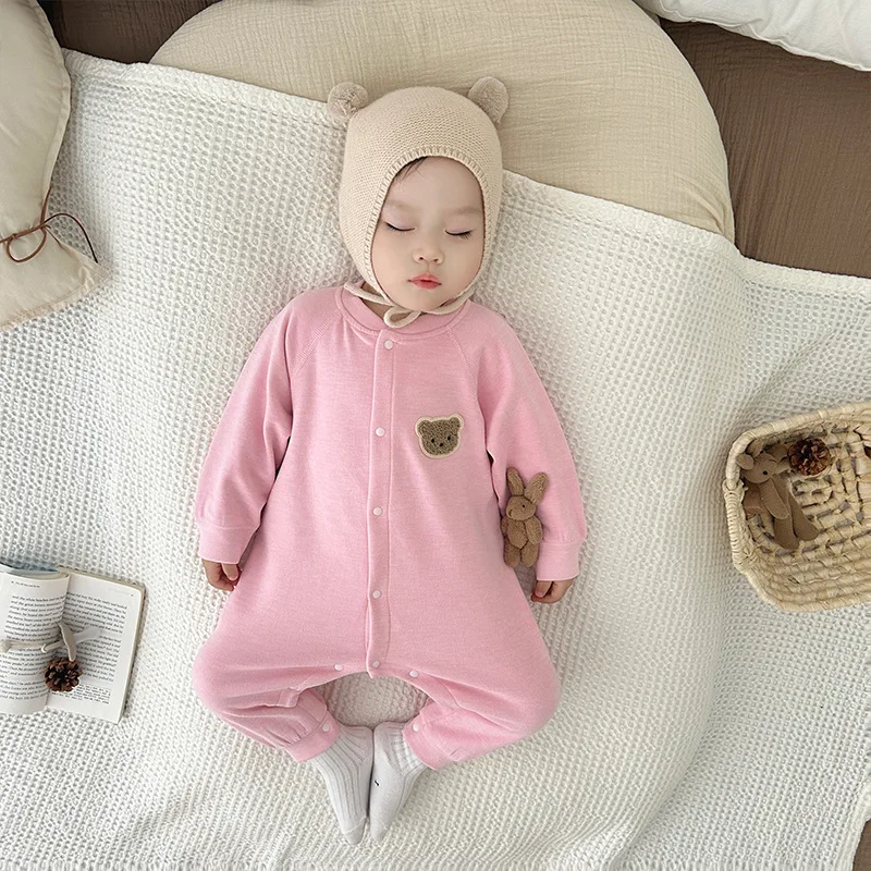 MILANCEL 0-2Y New Autumn Baby Clothes Newborn Romper Skin-friendly Underwear Infant Cartoon Bear Seamless Jumpsuit Sleepwear