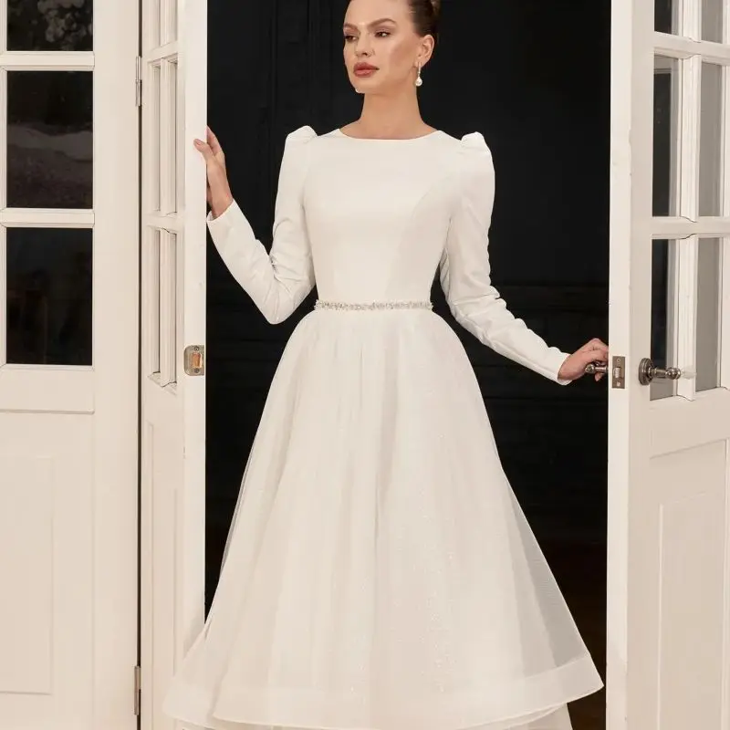 

vestidos de novia Short Wedding Dress For Women Simple Cheap Satin V-Neck O-Neck Bridal Gowns Belt Long Sleeve Civil Robe 2024