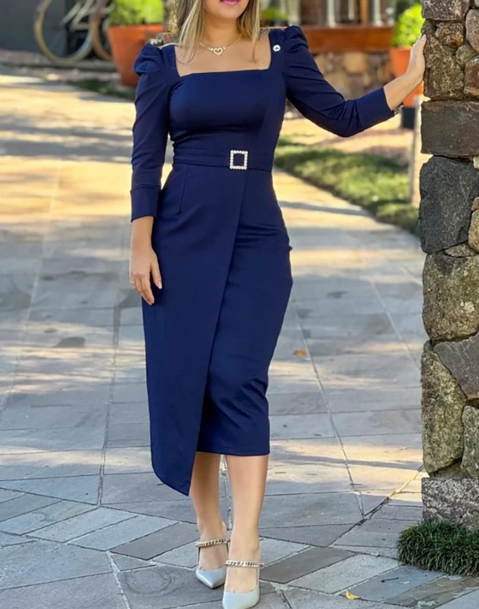 

Women Dress Elegant Commuting Puff Three Quarters Sleeve Square Neck Bodycon Dress Tied Detail Asymmetrical Hem Midi Dress