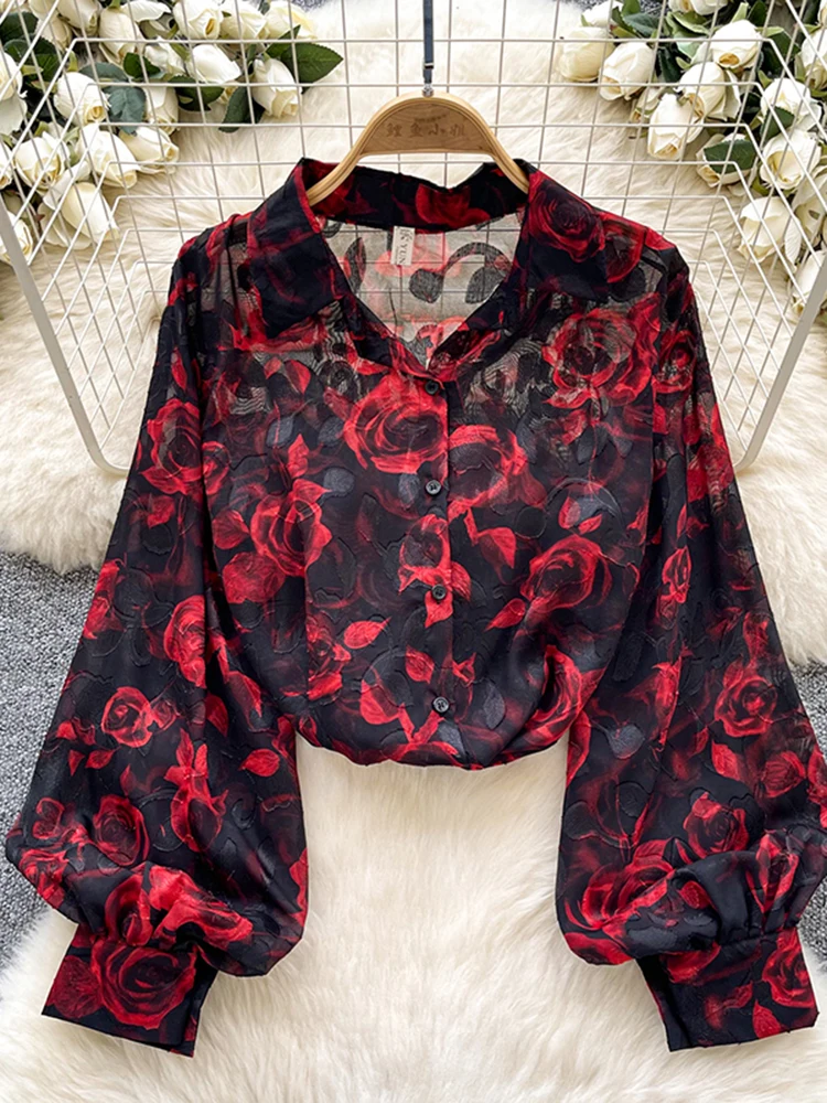 

Spring Summer Office Lady Versatile Casual Chiffon Shirt for Women New Loose Thin Printed Long Sleeved Shirt Tops Female C245