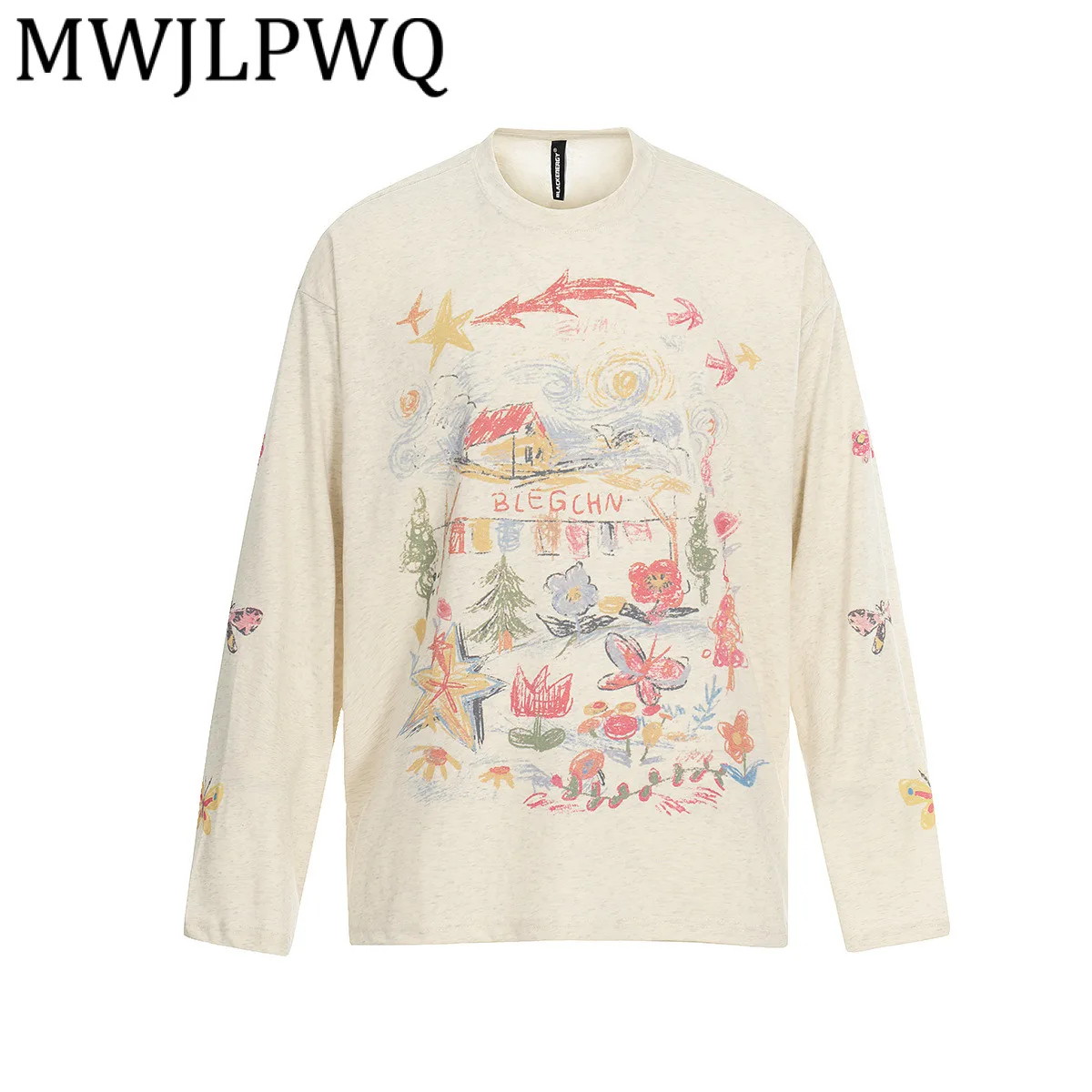 

MWJLPWQ 2026 Spring New Printed Male T-Shirt Long Sleeve American Style Trendy Personality Graffiti Colorful Sports Tops 21984