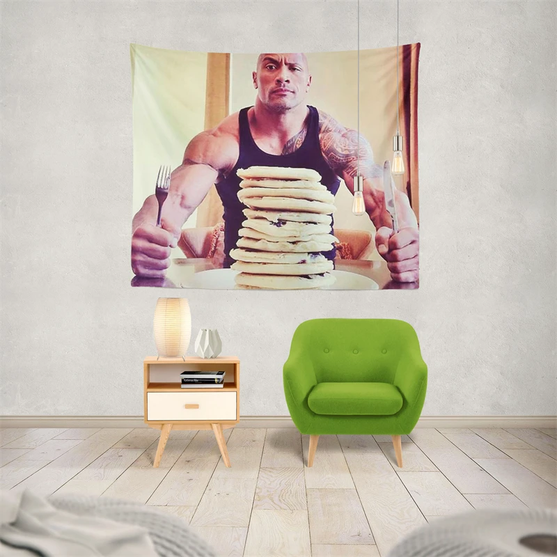 Gaslight Gatekeep Girlboss Dwayne The Rock Johnson Eating Blueberry Pancakes Tapestry Wall Hanging Art for Bedroom Living Room