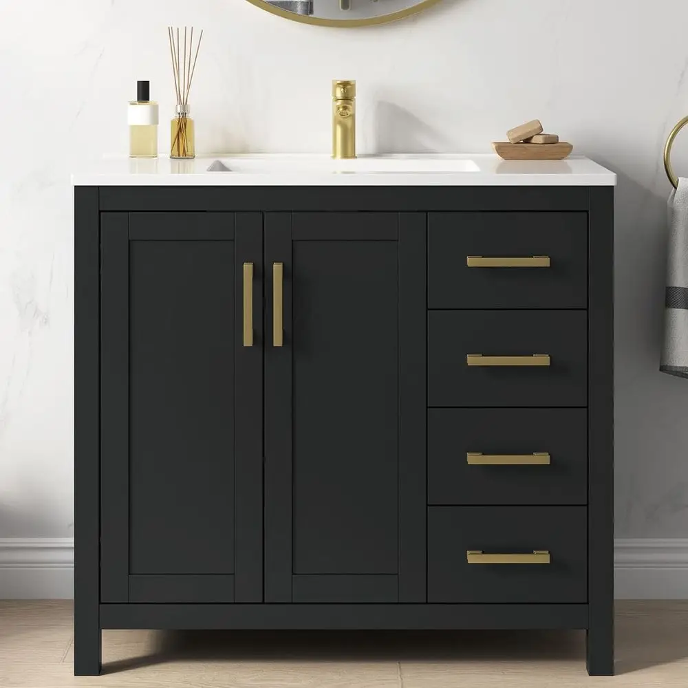 36 Inch Bathroom Vanity with Sink, Black Single Sink Bathroom Vanity with Integral Top, ern Bathroom Sink Cabinet with Sot-Closi