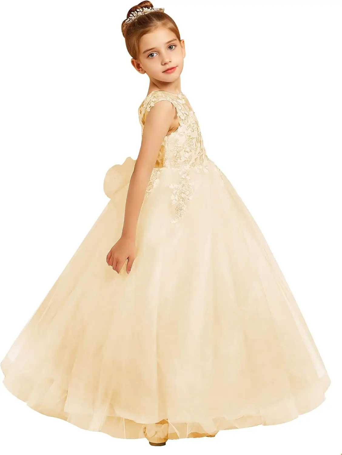 Abiti da ragazza di fiori con applicazioni in pizzo per matrimonio Abito da prima comunione in tulle Abito da ballo senza maniche con abiti da festa con papillon