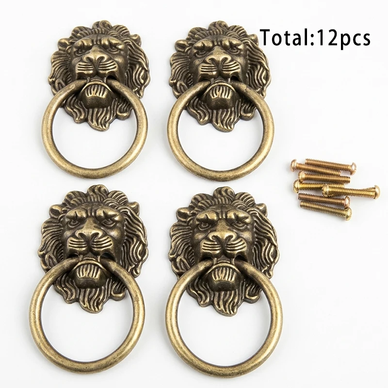 12Pcs Bronze Lion Head Handle, Furniture Double Hole Handle Drawer Bedside Cabinet Handle Bronze Three-dimensional Lion