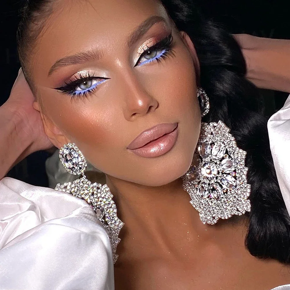 2024 Fashion Trend Large Flower Earrings for Women Accessories Drag Queen Geometric Rhinestone Hanging Earrings Party Jewelry