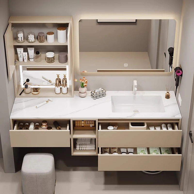

*&q Light Luxury Modern Rock Board Seamless Integrated Bathroom Cabinet Customized Solid Wood Toilet Washstand Dressing Table