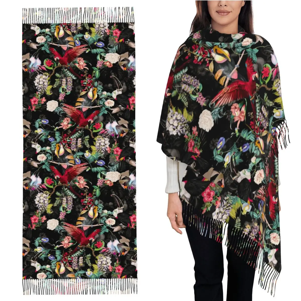 

Шарф с цветочным принтом и птицами IX, шарфы с кисточками, женские мягкие теплые шали и накидки, длинная осенне-зимняя шаль