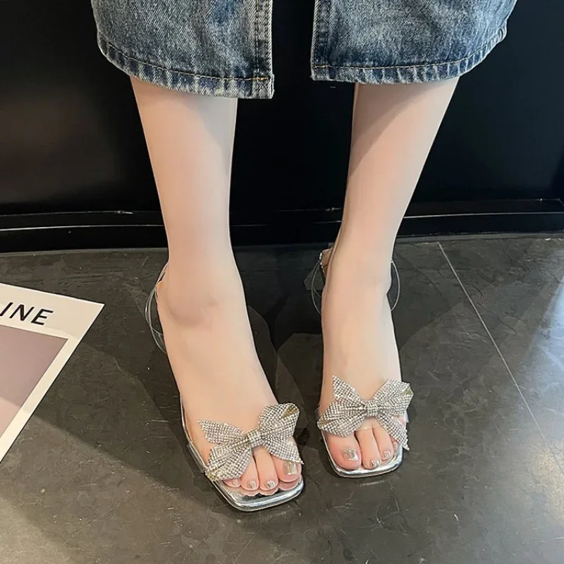 2024 Summer New Transparent PVC Fashion High with Sandals Fine with Bow Outside Wear Slippers Square Head Women Shoes