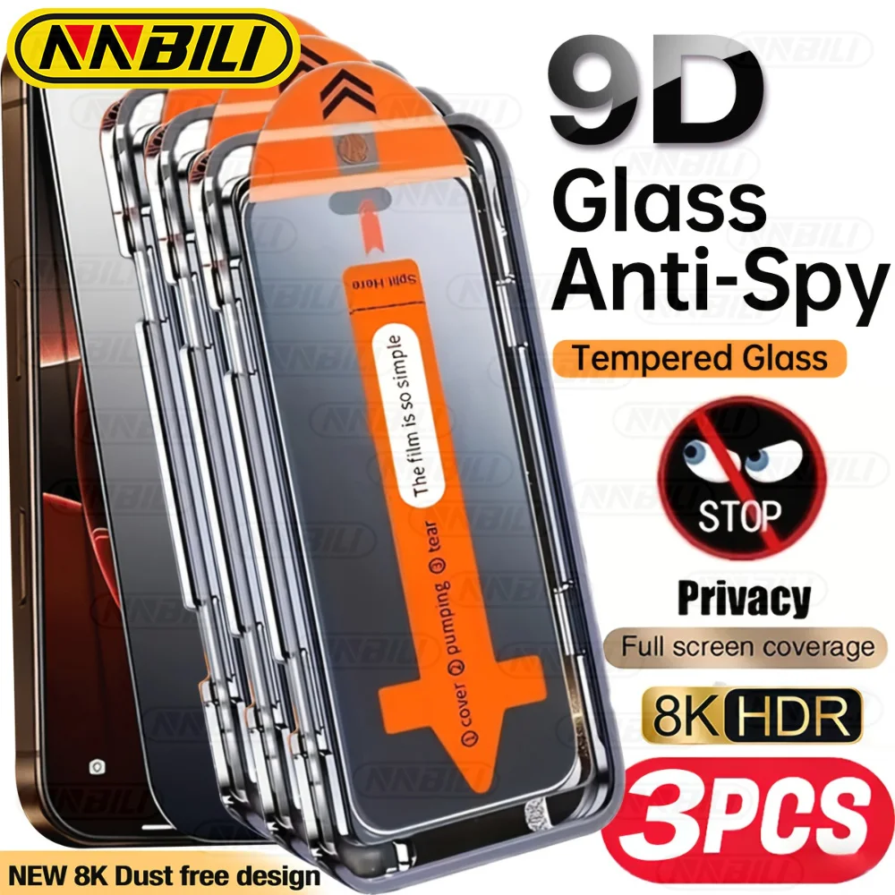 NNBILI 3er-Pack Vollflächiger Sichtschutz-Displayschutz aus gehärtetem Glas für iPhone 17 16 15 14 13 12 11 Pro Max – Einfache Installation