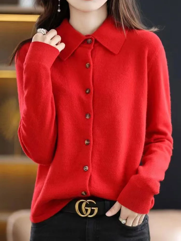 women\'s Cashmere POLO Collar Sweater Long sleeve Button Sweater Fit Slim Casual Letter Lapel Cardigan Harajuku S-4XL Coat Tops