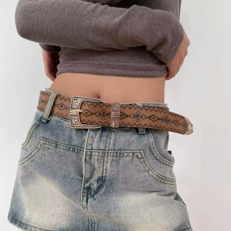 

2023 New Fashion Retro Print Carved Head Brown Belt Bohemian Ethnic Style Spicy Girl Belt Unisex Jeans Belt