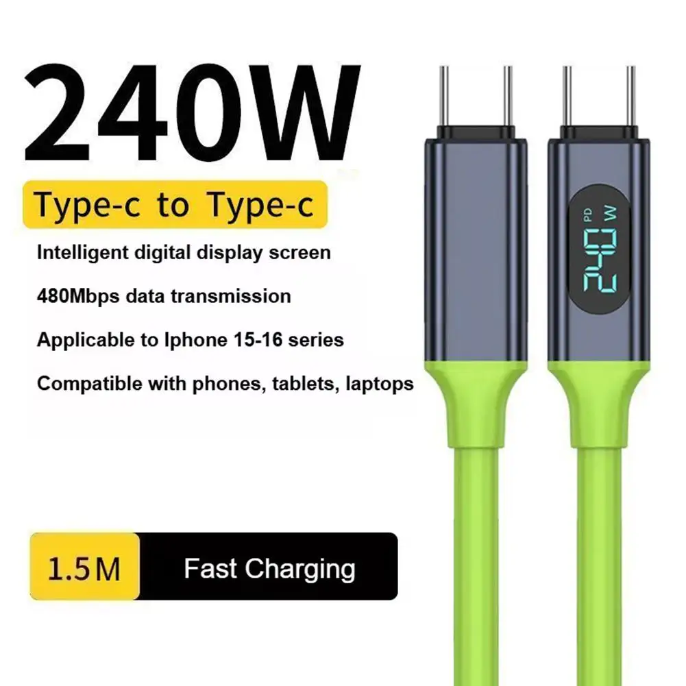 240W Type C Cable Phone Super Fast Charging Cable With LED Display USB To Type-C Data Cord For iPhone Xiaomi Samsung HUAWEI