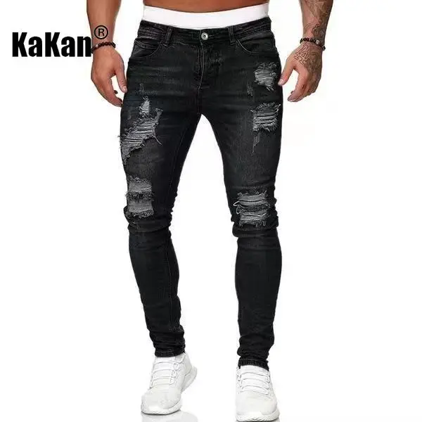 Kakan - New Men's Small Leg Pants with Perforated Jeans, Y2k Clothes Slimming Long Jeans Jeans Man Brand