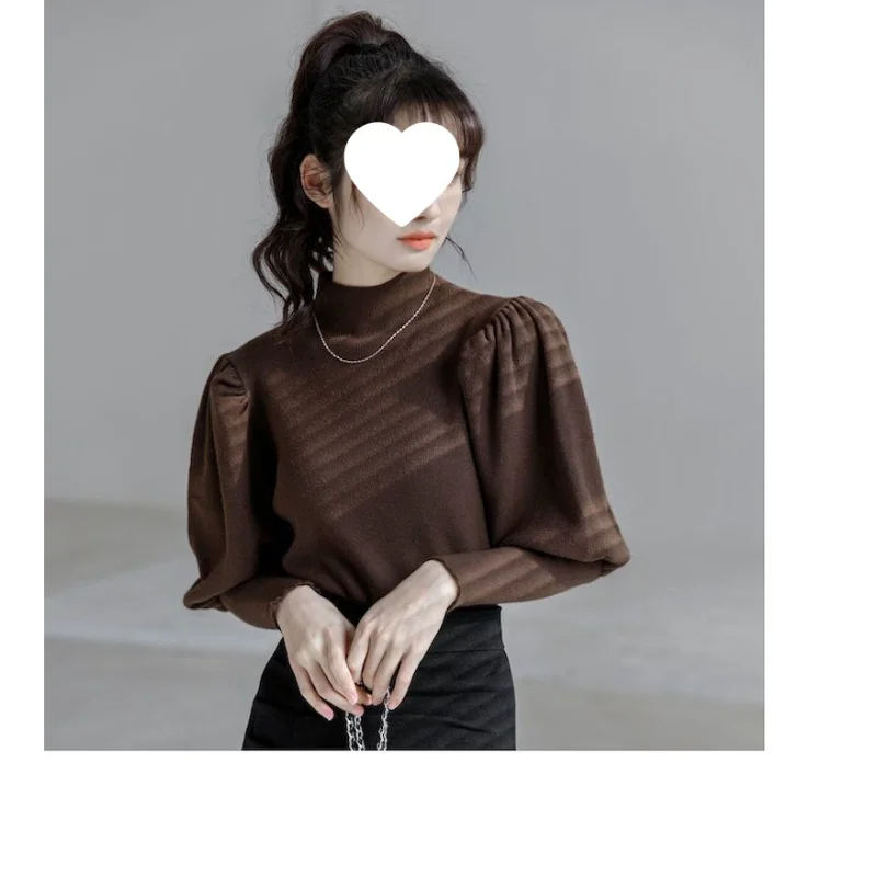 เสื้อสเวตเตอร์ผู้หญิง แขนพอง คอเต่าครึ่งตัว ดีไซน์ทันสมัย สีพื้น สำหรับฤดูใบไม้ร่วงและฤดูหนาว รุ่นใหม่ล่าสุด