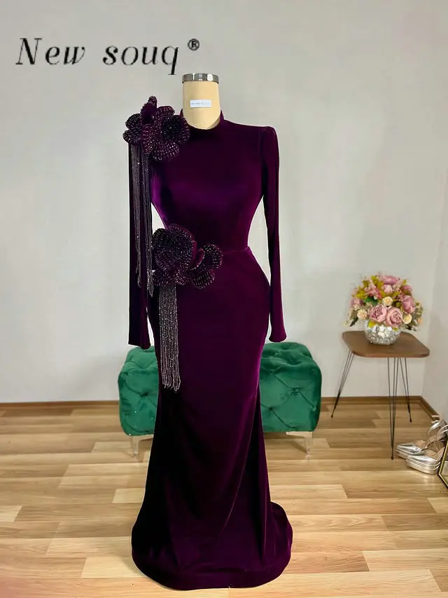 

Фиолетовое бархатное вечернее платье по индивидуальному заказу с длинным рукавом и 3D цветами, бисером, с высоким воротом, вечерние платья русалки, элегантные для свадьбы, выпускного вечера