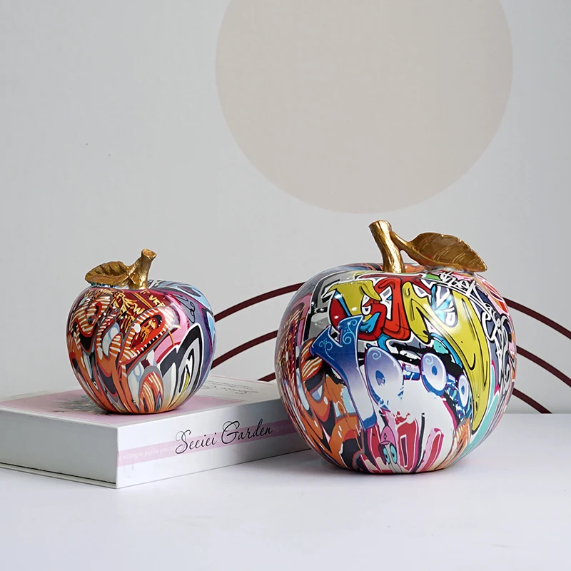 NORTHEUINS Resin Apple Graffiti Painting Art Ornament Colorful Figurines Interior Decor Accessories Home Room Prop Object Modern