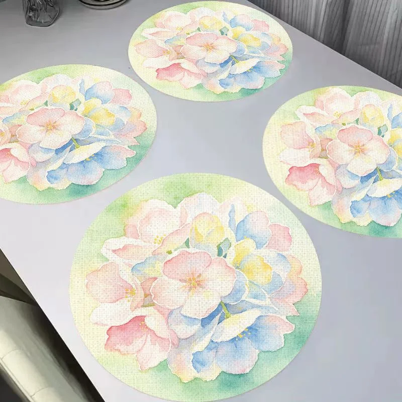 VIKAMA Fresh Watercolor Gradient Hydrangea Round Linen Placemats, Heat Resistant Waterproof Table Mat for Dining Table Decor