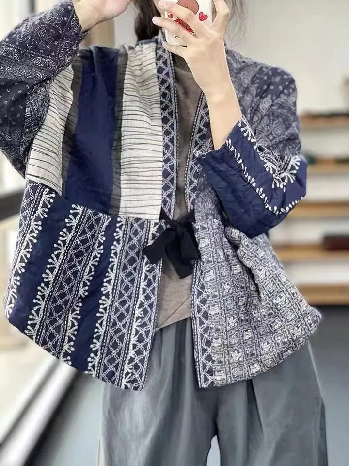 

SuperAen Autumn and Winter New Retro Color-blocked Printed Cotton-padded Jacket Oversize Women Stand Collar Lace-up Casual Coats