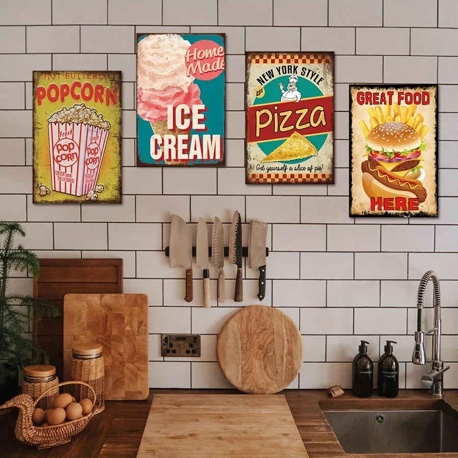 Decorative Sign& Plaque 4pcs Set Vintage Food Metal Signs, Retro Wall Decor For Kitchen, Restaurant, Diner, Durable