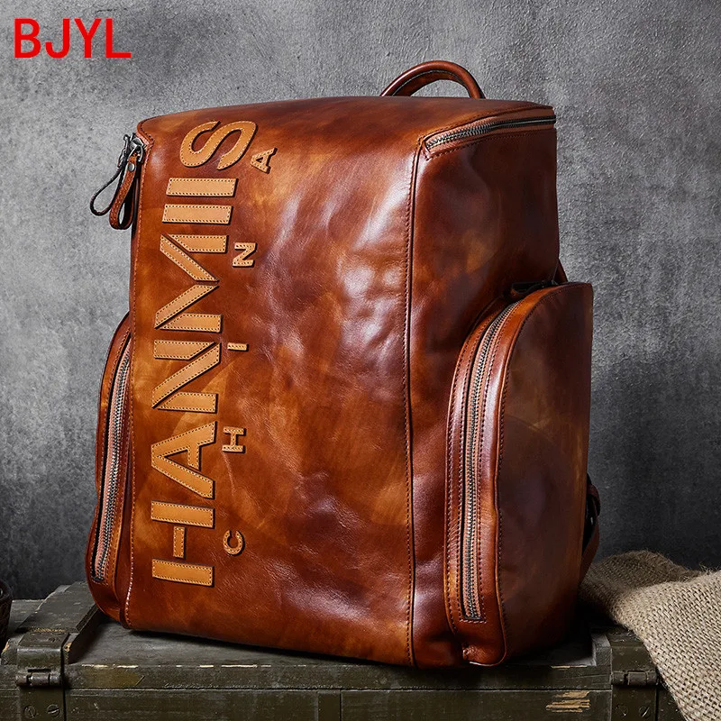 2020 3D Lettering New Leather Men\'s Backpack Men Laptop Shoulder Bag Bucket Bag Male Travel Backpacks Retro First Layer Leather