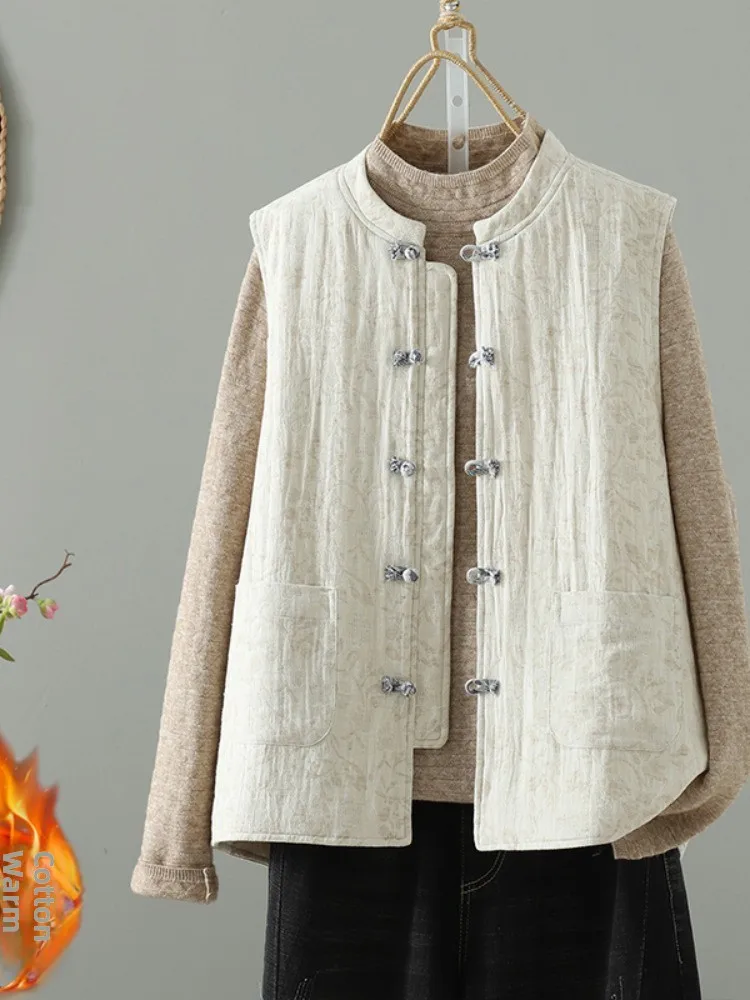 New Chinese Style Embroidered Stand Collar Button up Cotton Vest Women's Winter Lightweight Warmth Improved Tang Costume Shou...