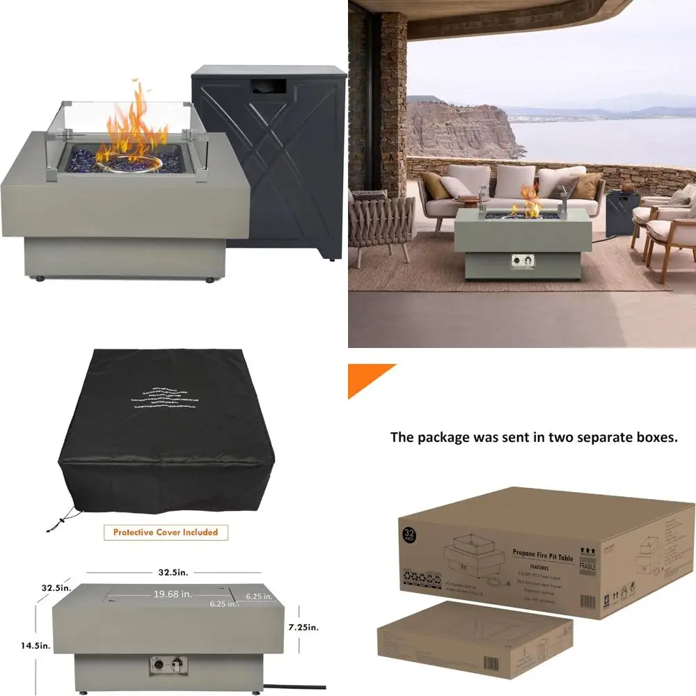 

Стол для костра на пропане на открытом воздухе диаметром 32,5 дюйма, 50 000 БТЕ, крышка бака 20 фунтов, ветрозащитный экран для развлечений на открытом воздухе