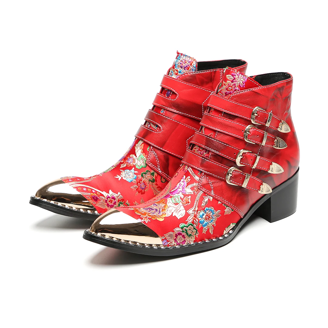 

Кожаные мотоциклетные ботильоны с красной цветочной вышивкой и острым носком, мужская обувь больших размеров, мужские короткие ботинки с пряжкой и ремешком для свадебной вечеринки