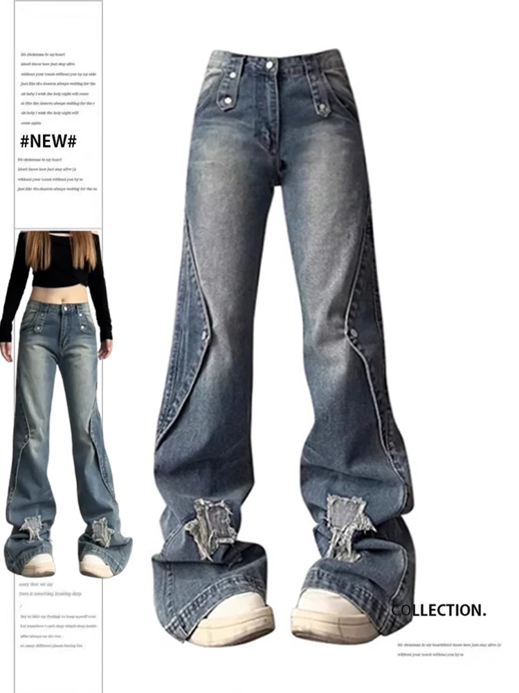 

Women's Baggy Jeans with Star Harajuku Vintage 2000s Y2k Denim Trousers Oversize High Waist Wide Cowboy Pants 90s Trashy Clothes