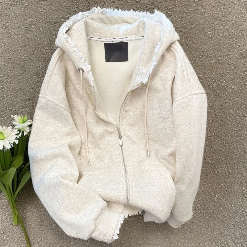 

Худи с кружевными вставками, антивозрастной эффект, большие размеры, повседневный универсальный стиль, для девушек, с длинными рукавами, милый дизайн