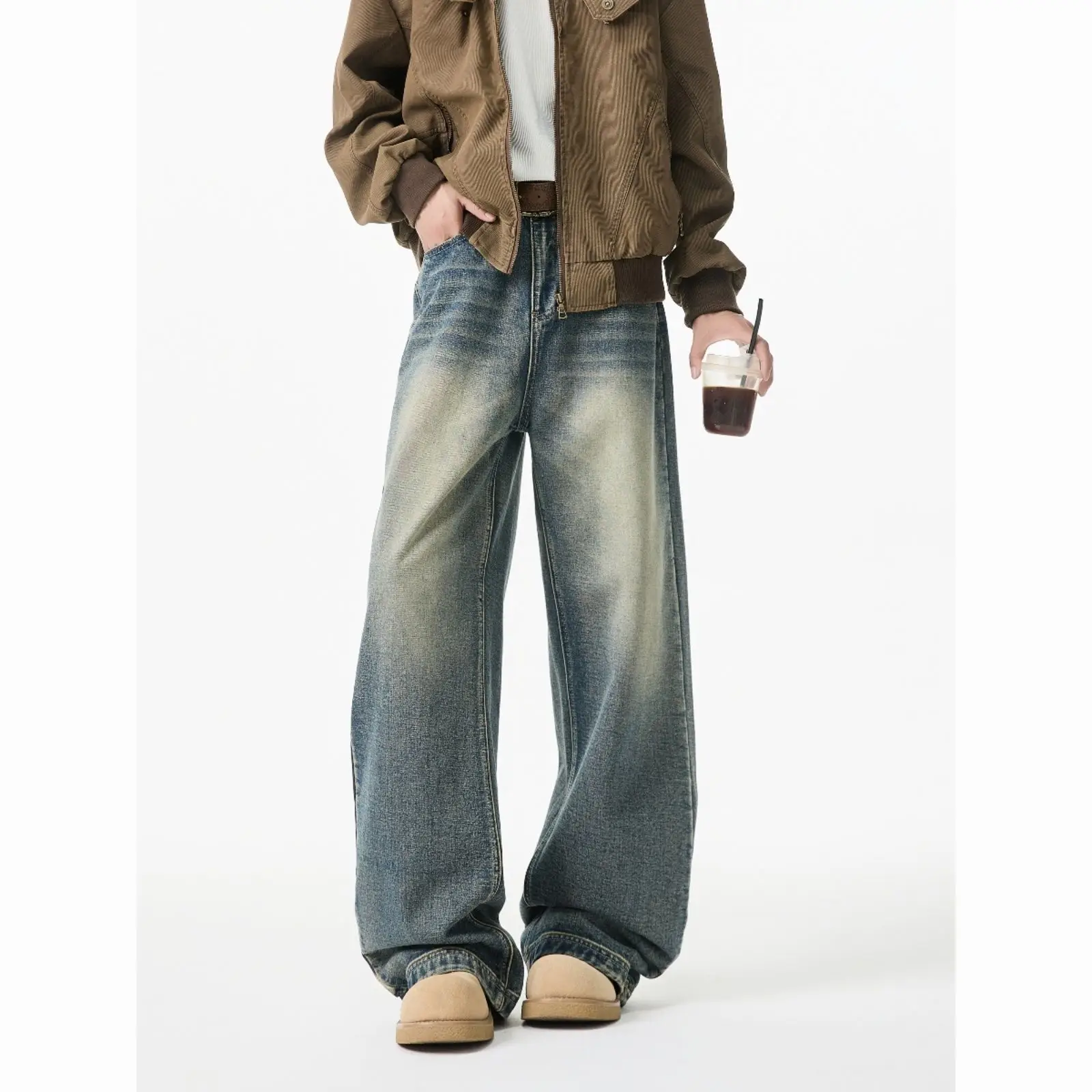 Korean Popular Clothes Retro Old Large Size Washed Wide-leg Jeans Men Loose and Casual Mopping Straight Cargo Baggy Trousers