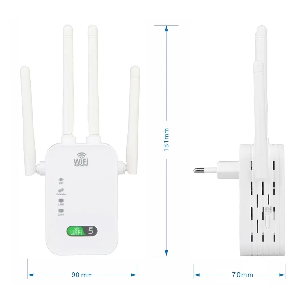 1200Mbps WiFi Extender Repeater 4 Antenna Dual-Band 2.4G 5G Signal Amplifier WPS Router for Home to Bedroom Wireless Wifi