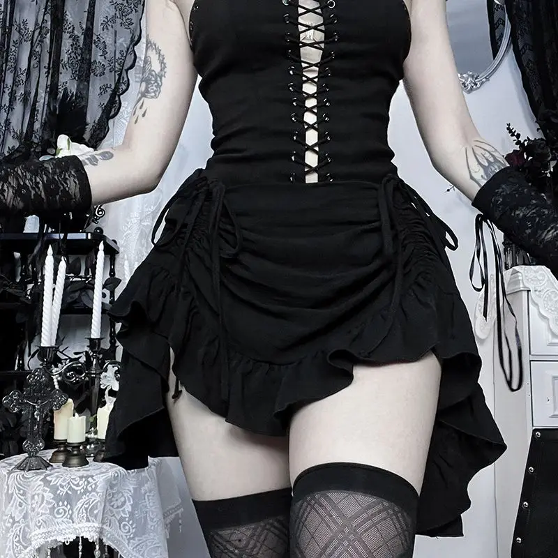 Asymmetrical Ruffle High Low Black Hem Mini Skirt Gothic Drawstring Steampunk Dark Academia Halloween Party Club Cosplay Skirts