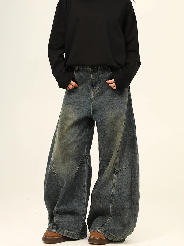 

Retro American Washed High-End Feeling Knife Jeans Loose Wide Leg Trendy Brand Deconstructed Pants Men Women Street Style