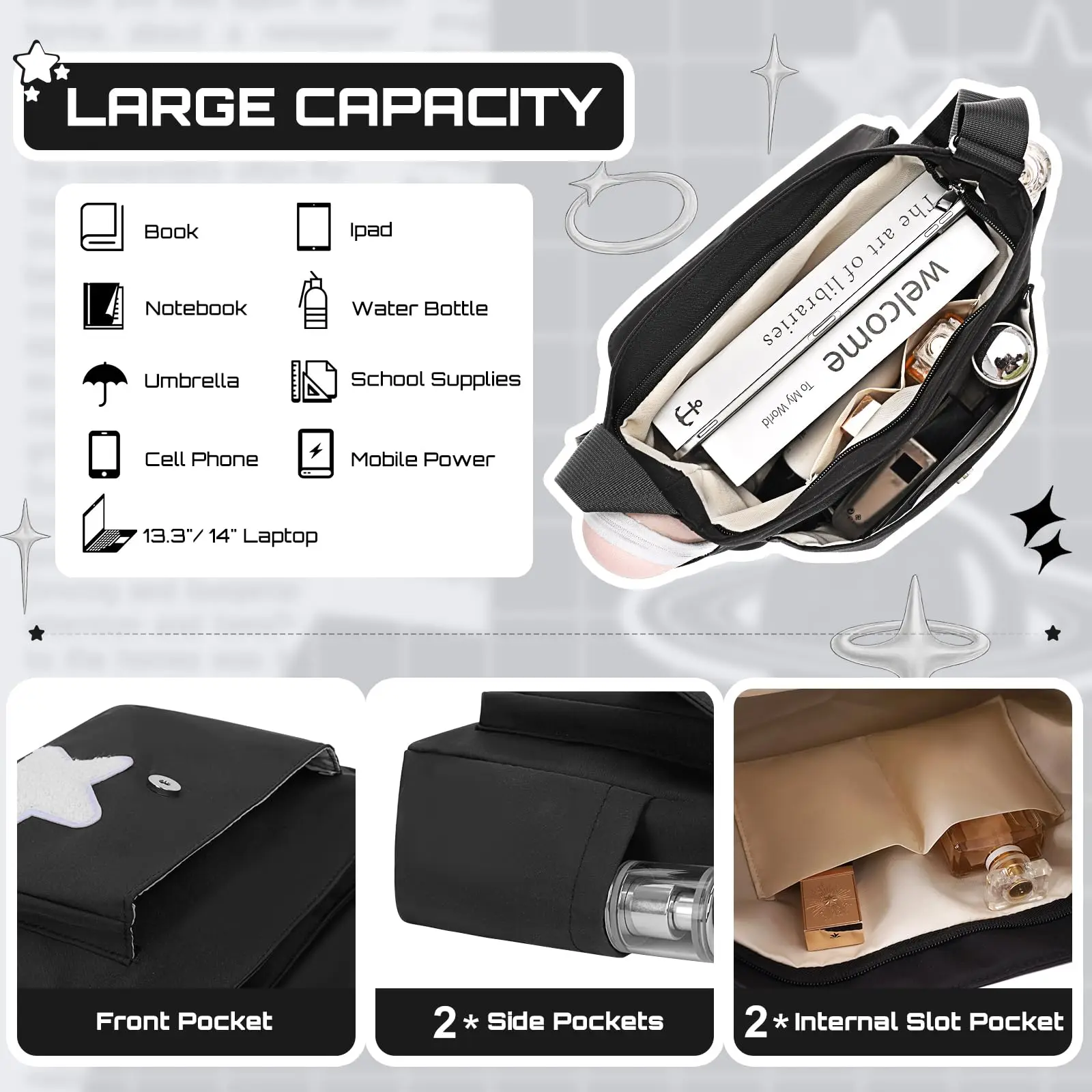 حقيبة ساعي البريد اللطيفة، حقيبة كروس جمالية، حقيبة يد Y2K Star Grunge Bag Emo للسيدات بكتف واحد A-DH #6